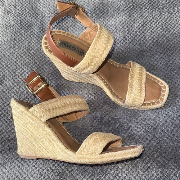 Steve Madden Raffia Espadrille‎ Wedge Sandals Natural Tan Buckle Strap Size 9 - Picture 2 of 12